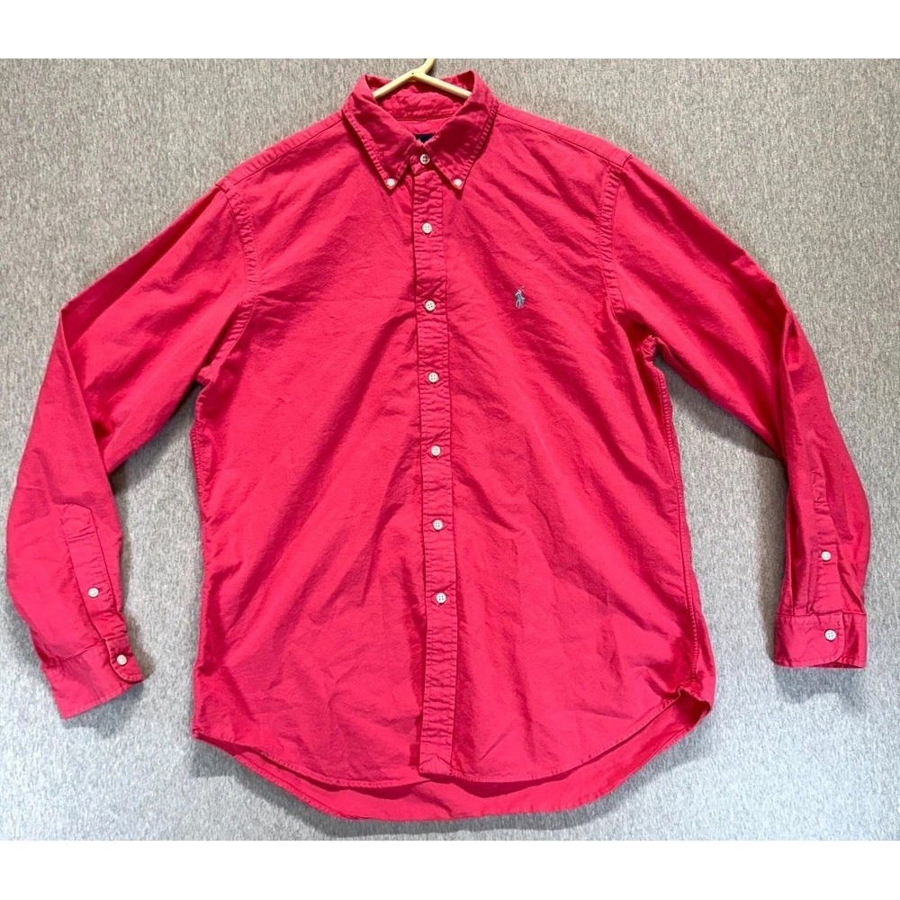 Ralph Lauren Shirt Mens Large Red Cotton Logo Box Pleated Slim Fit Button Down
